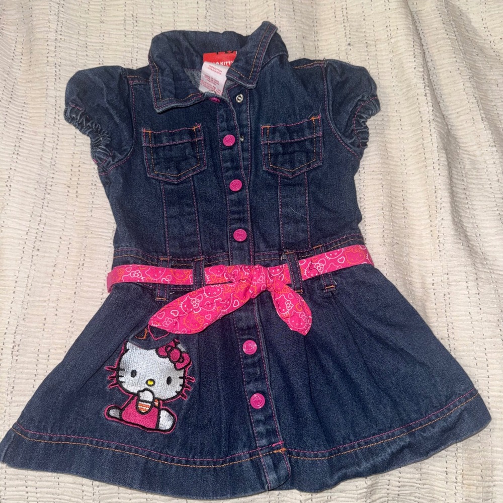 Hello Kitty Sanrio Girls Denim Dress Dark Wash Pink Belt Y2K 2013 Size 3T